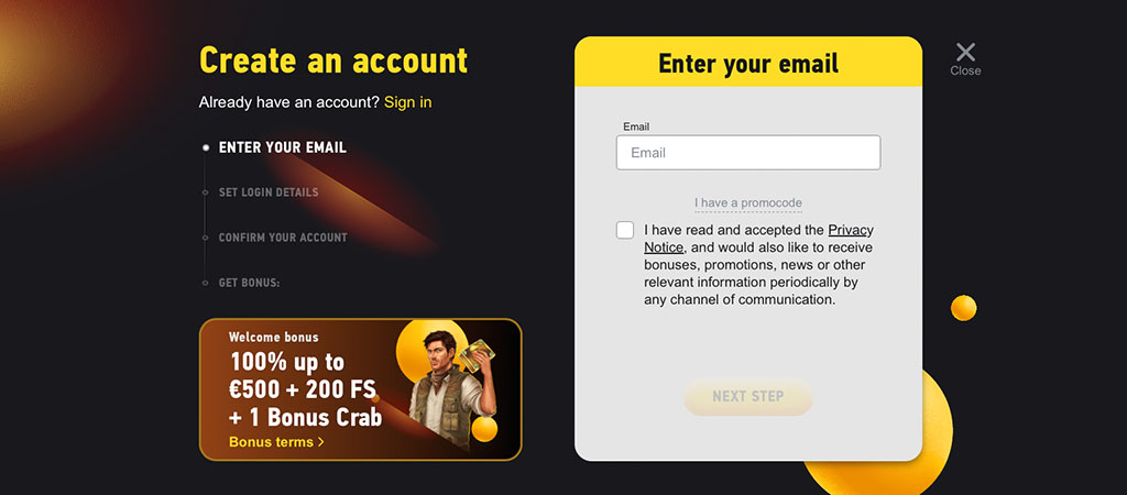 krijo një llogari, shkruaj emailin, bonus mirëseardhjeje, rrotullime falas, krabë bonus, regjistrim, fezbet casino, promovime