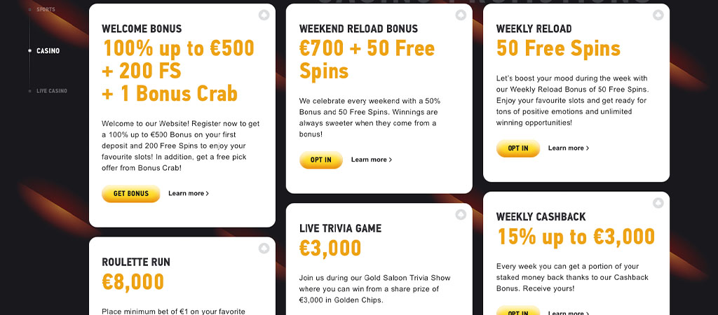 bonus mirëseardhjeje, 200 rrotullime falas, krabë bonus, bonus fundjave, rrotullime falas javore, cashback javor, fezbet