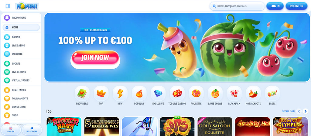 Nomini casino, bonus depozite, bashkohu tani, fruta të animuara, kazino online, lojëra elektronike, ndërfaqe ngjyrë kaltër