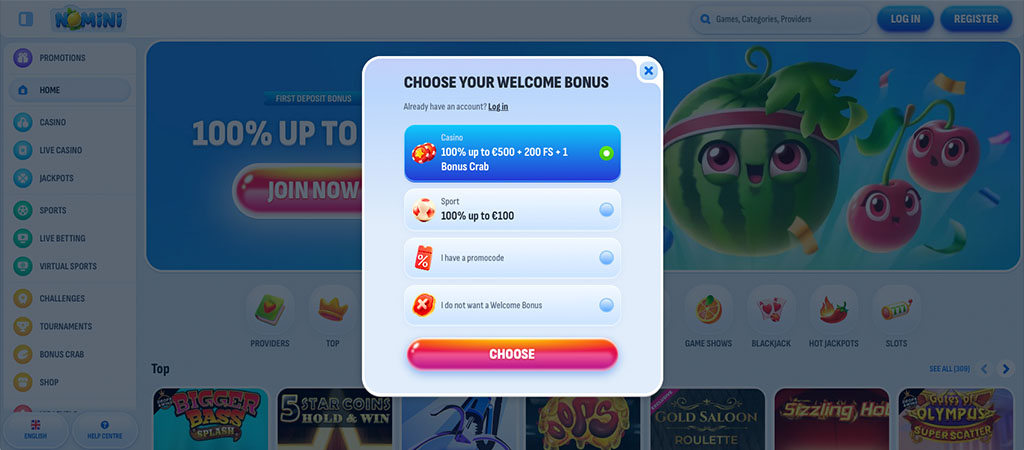 Nomini casino, zgjidh bonusin e mirëseardhjes, kazino, sport, rrotullime falas, krabë bonus, regjistrim, fruta të animuara