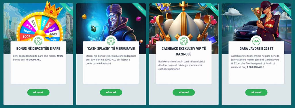 Bonus depozite, Cash Splash të mërkurave, cashback VIP, gara javore 22Bet, shpërblime kazino, lojëra të preferuara