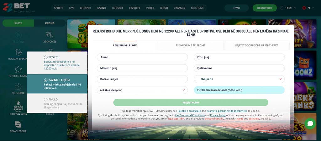 22Bet regjistrim, bonus mirëseardhjeje, email, emër, fjalëkalim, Shqipëria, kod promocional, bast sportiv ose kazino