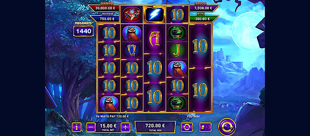 automat lojërash, Blue Wizard, megaways, rrotullime falas, simbole buf dhe magjistar, jackpot, lojë kazino, kazino online