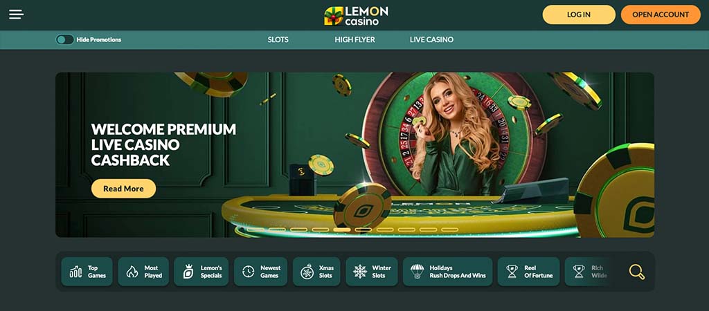 Faqja kryesore e Lemon Casino, mirëseardhje premium, cashback për live casino, kategori lojërash elektronike dhe kazino live