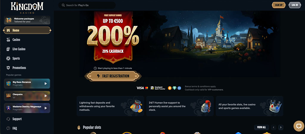kazino online, Kingdom Casino, bonus, regjistrim i shpejtë, depozita, mbështetje, paketa mirëseardhjeje, kazino live, sport